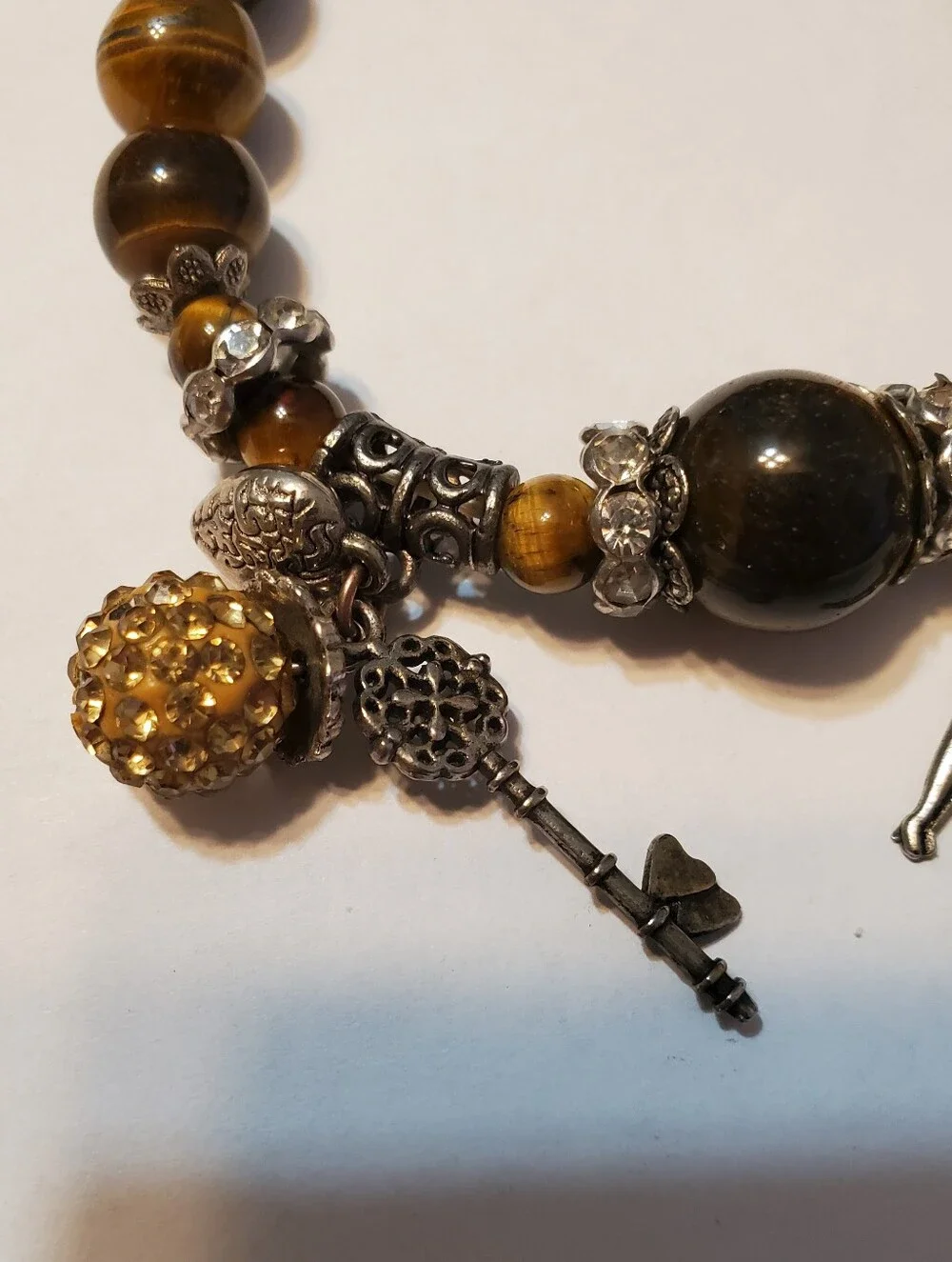 Womens Faux Tiger's Eye Stretchy Beaded Charm Bracelet‎ Brown & Gold